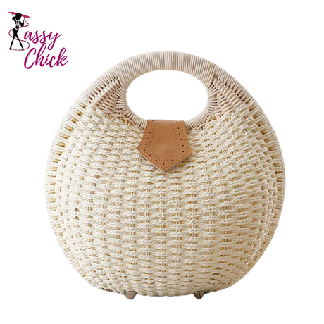 Rattan Handwoven Round Shell Handbag Sassy Chick Logo