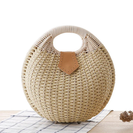 Brown Rattan Handwoven Round Shell Handbag