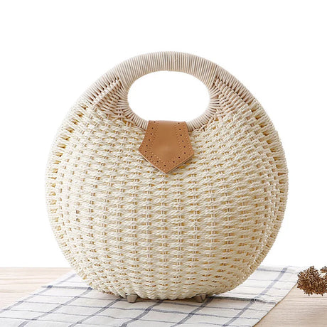 White Rattan Handwoven Round Shell Handbag