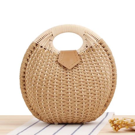Brown Rattan Handwoven Round Shell Handbag