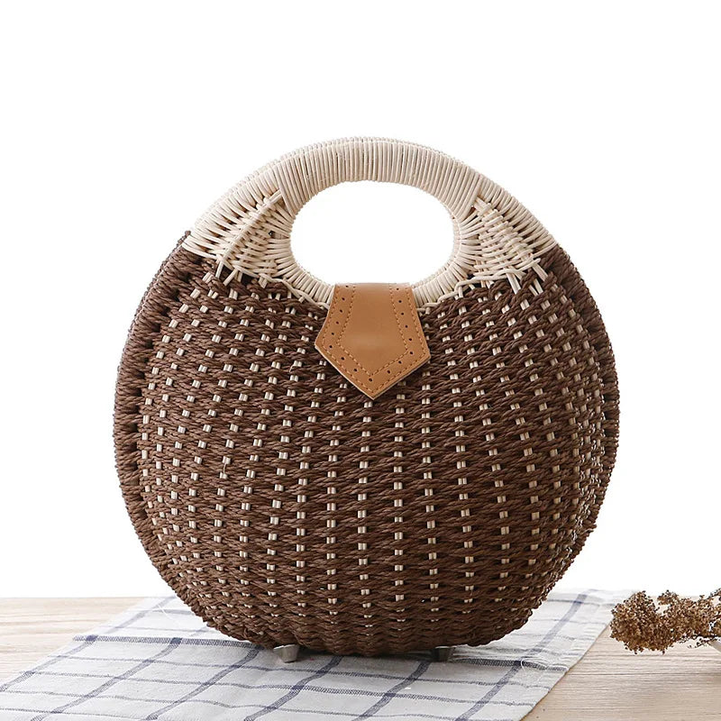 Brown White Rattan Handwoven Round Shell Handbag