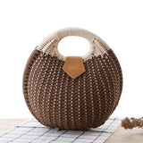Brown White Rattan Handwoven Round Shell Handbag