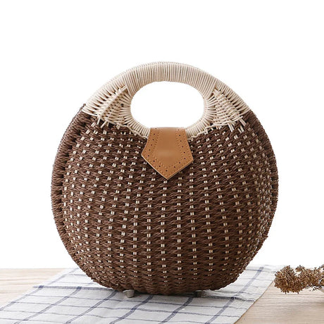 Brown White Rattan Handwoven Round Shell Handbag