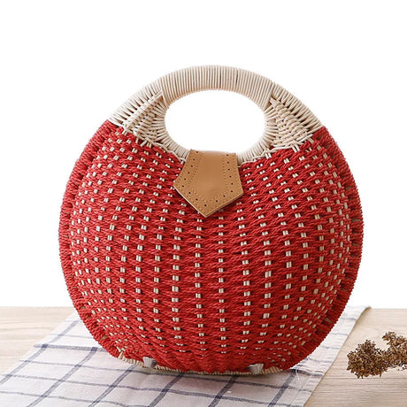 Red White Rattan Handwoven Round Shell Handbag