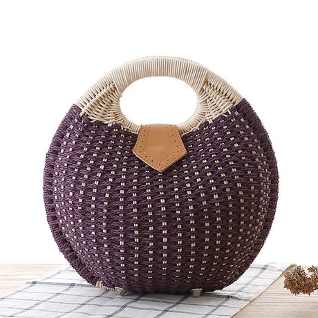 Purple White Rattan Handwoven Round Shell Handbag