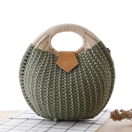 Green White Rattan Handwoven Round Shell Handbag