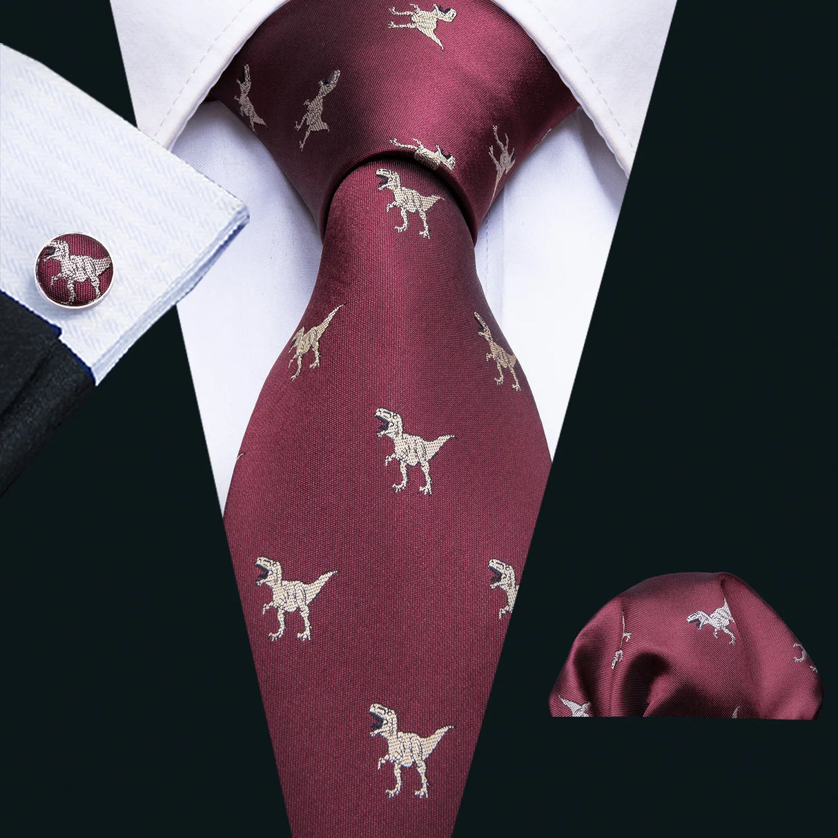 dark red dinosaur pattern necktie set 