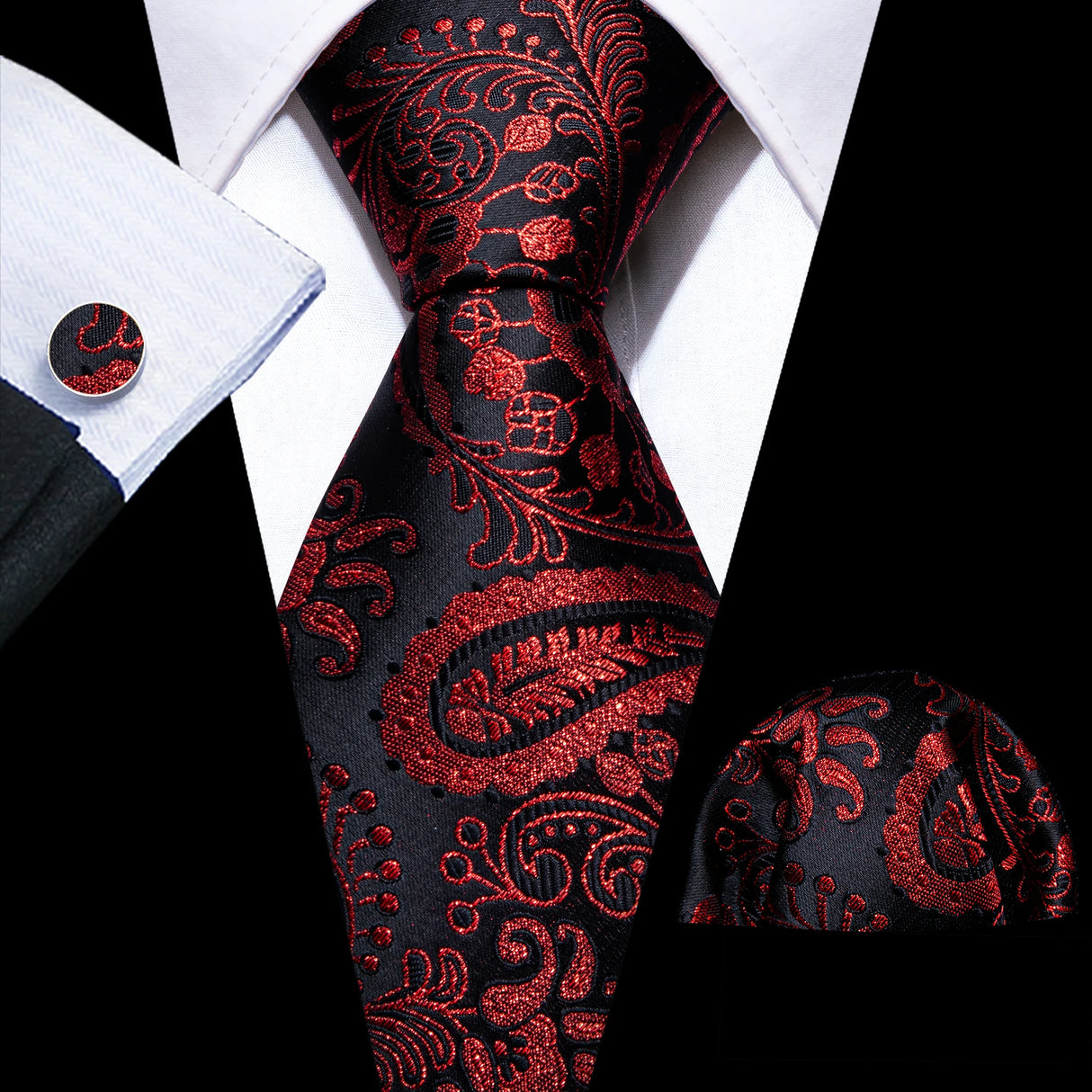 black red floral pattern necktie set