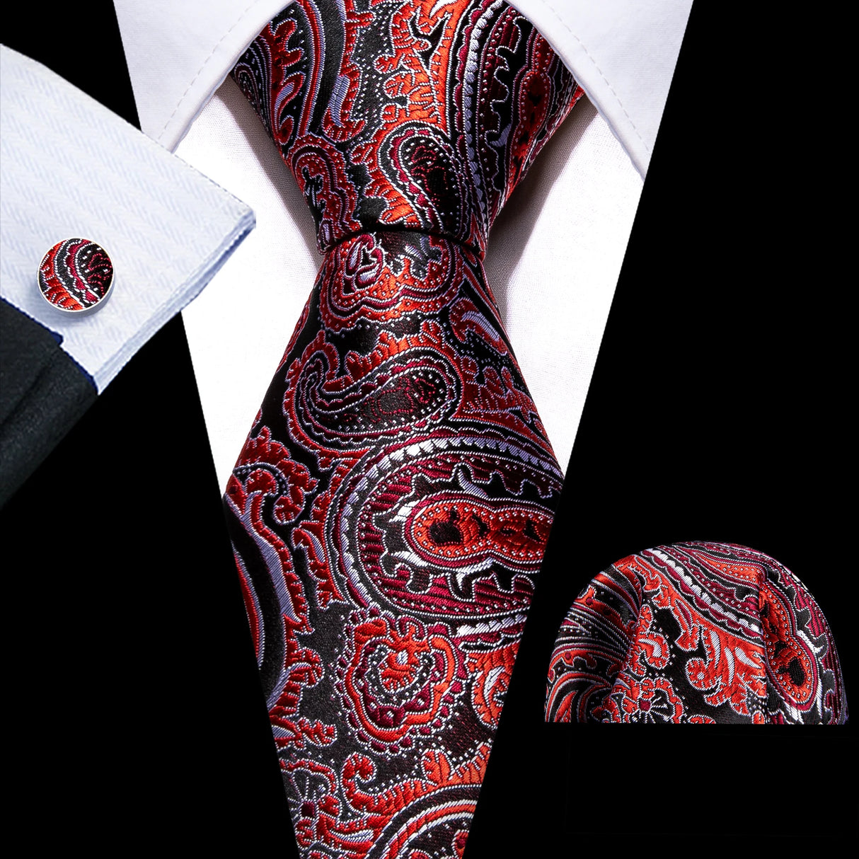 black red orange floral pattern necktie set