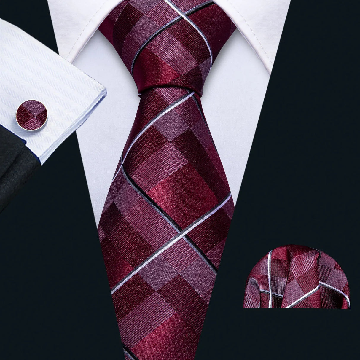 dark red white black square pattern necktie set
