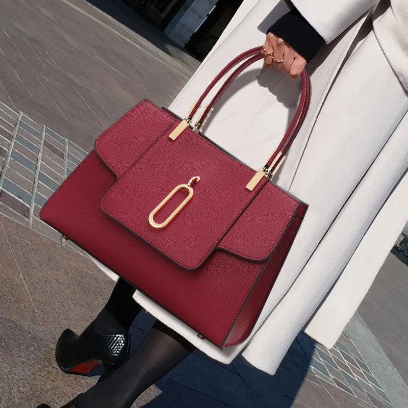 model using Red High-Quality Cowhide Women's Handbag