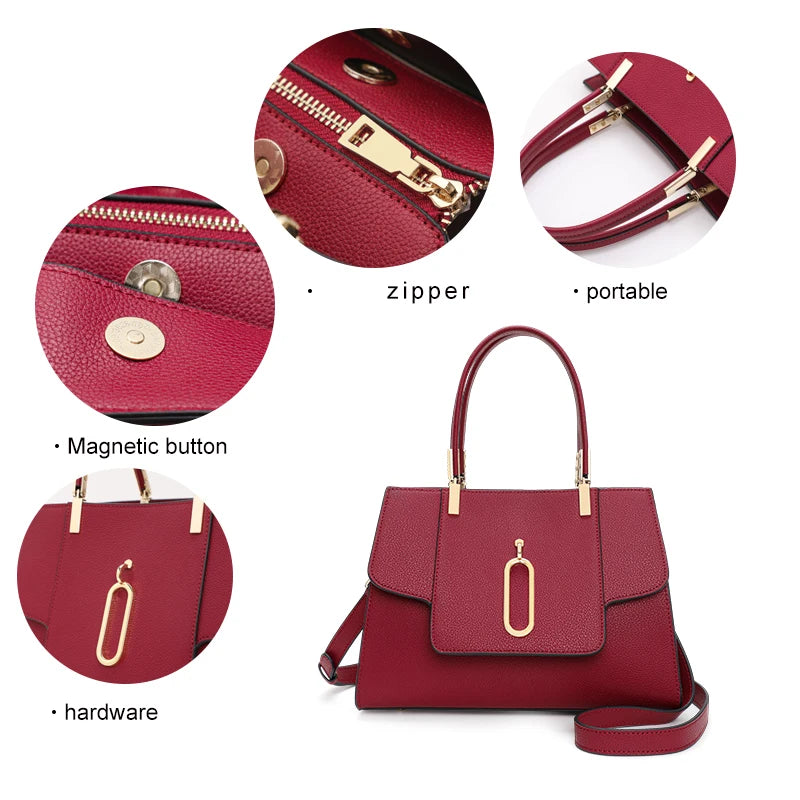 Red High-Quality Cowhide Women's Handbag