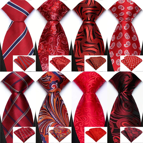 Collection of Red Pocket Square Woven Hanky Ties Set