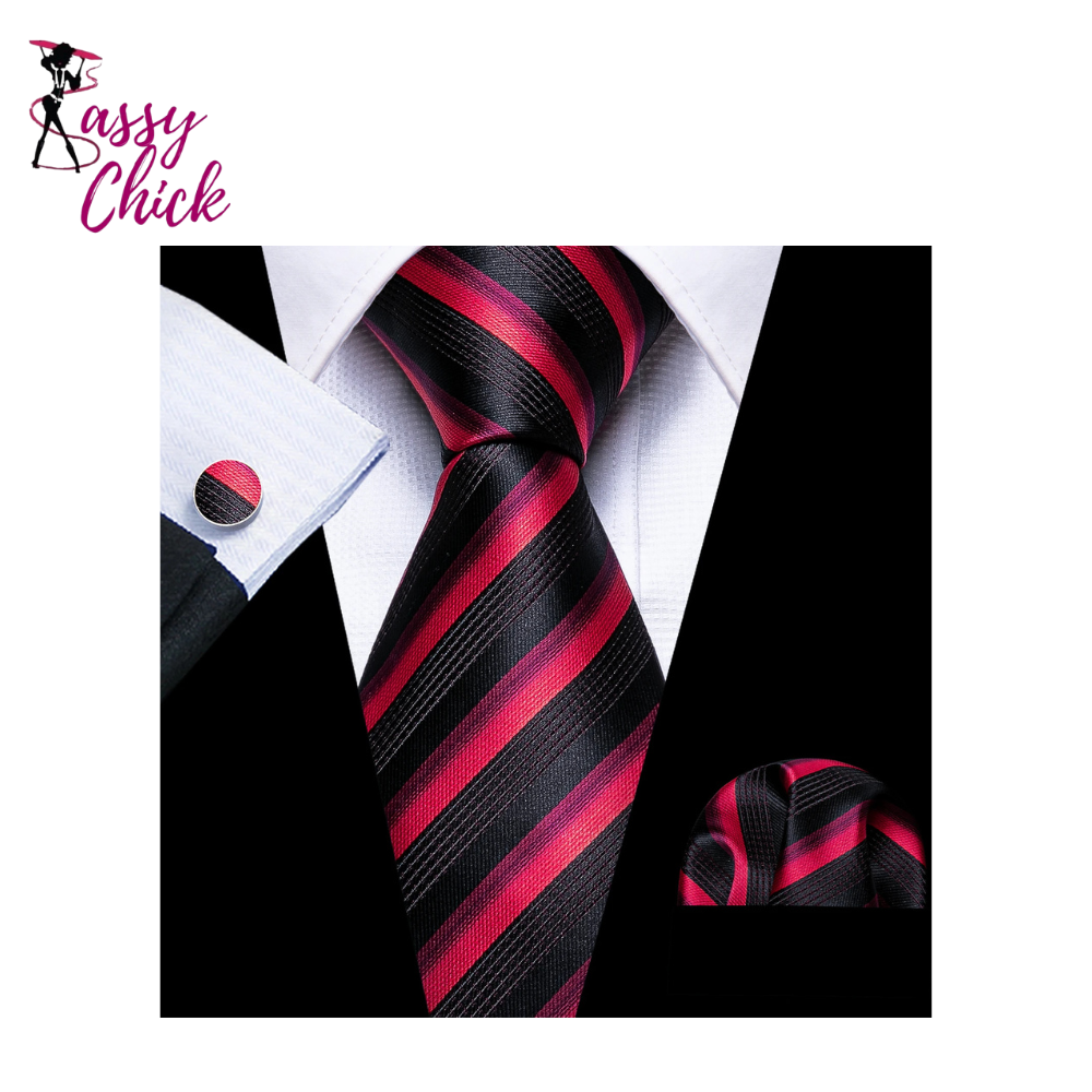 Red Rose Silk Pocket Square Cufflinks Set Men's Tie Sassy Chick Logo