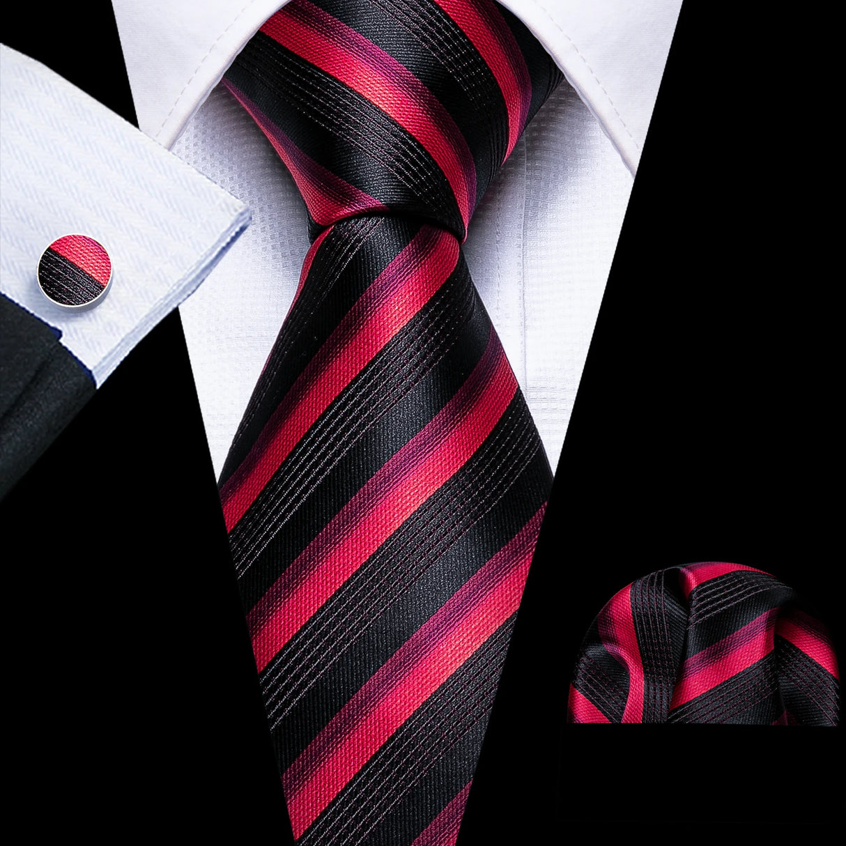 Red Rose Silk Pocket Square Cufflinks Set Men's Tie