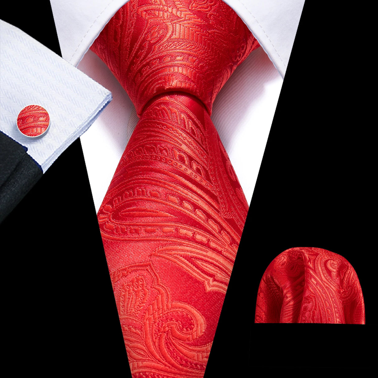 Red Rose Silk Pocket Square Cufflinks Set Men's Tie