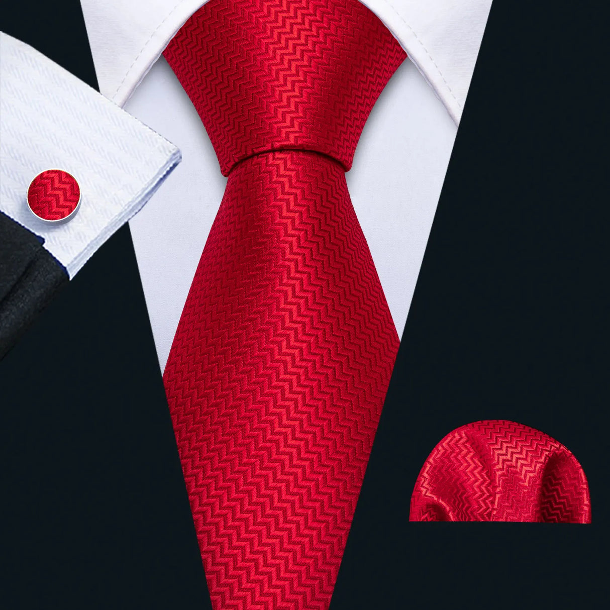 Red Rose Silk Pocket Square Cufflinks Set Men's Tie
