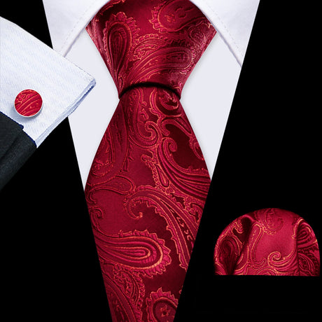 Red Rose Silk Pocket Square Cufflinks Set Men's Tie