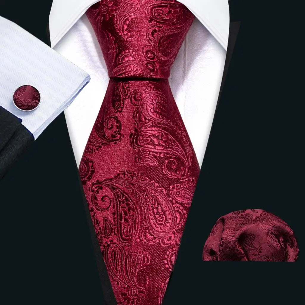 Red Rose Silk Pocket Square Cufflinks Set Men's Tie
