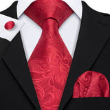 Red Rose Silk Pocket Square Cufflinks Set Men's Tie