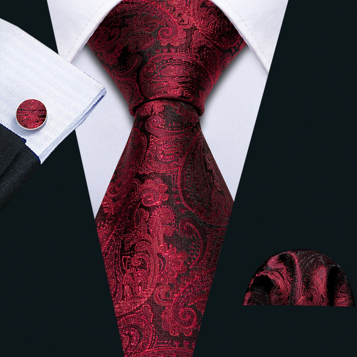 Red Rose Silk Pocket Square Cufflinks Set Men's Tie