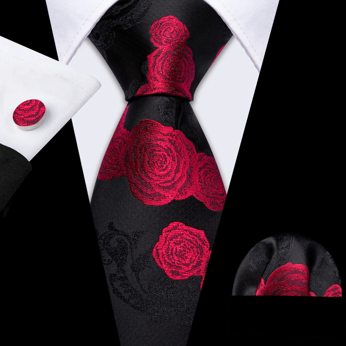 Red Rose Silk Pocket Square Cufflinks Set Men's Tie
