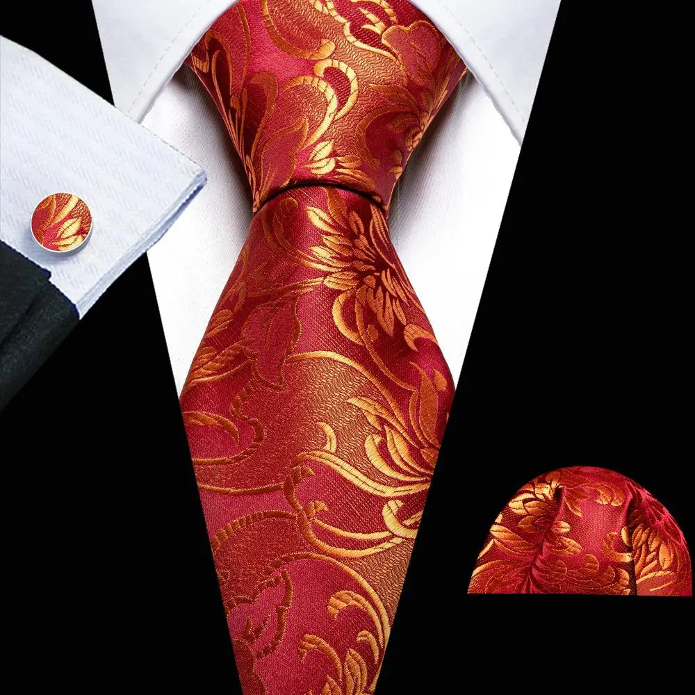 Red Rose Silk Pocket Square Cufflinks Set Men's Tie