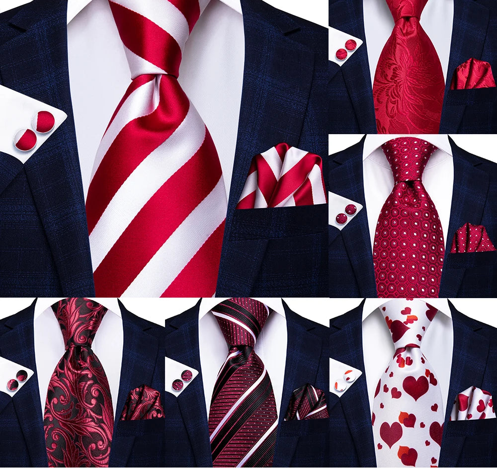 Collection of Red Striped Paisley Solid Hanky Cufflink  Tie For Men