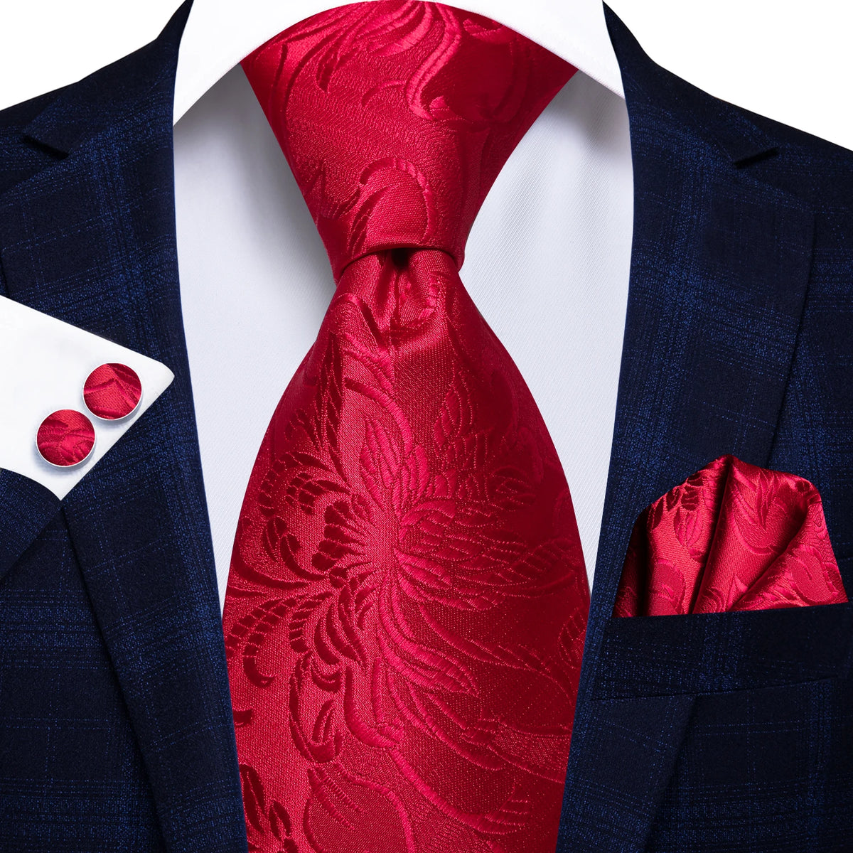 Red Striped Paisley Solid Hanky Cufflink  Tie For Men
