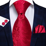 Red Striped Paisley Solid Hanky Cufflink  Tie For Men