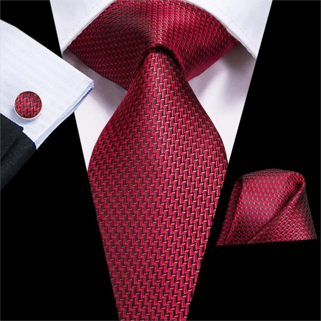 Red Striped Paisley Solid Hanky Cufflink  Tie For Men
