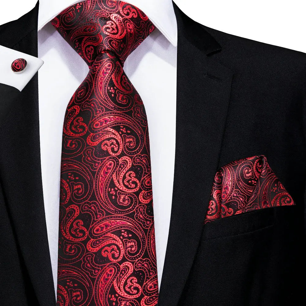 Red Striped Paisley Solid Hanky Cufflink  Tie For Men