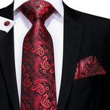 Red Striped Paisley Solid Hanky Cufflink  Tie For Men
