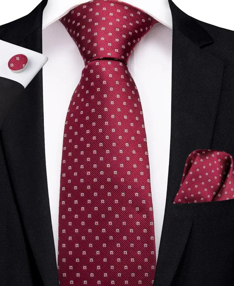 Red Striped Paisley Solid Hanky Cufflink  Tie For Men