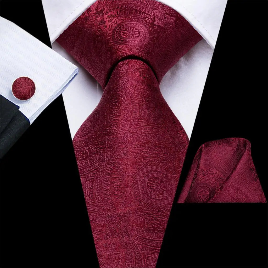 Red Striped Paisley Solid Hanky Cufflink  Tie For Men