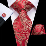 Red Striped Paisley Solid Hanky Cufflink  Tie For Men
