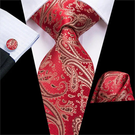 Red Striped Paisley Solid Hanky Cufflink  Tie For Men