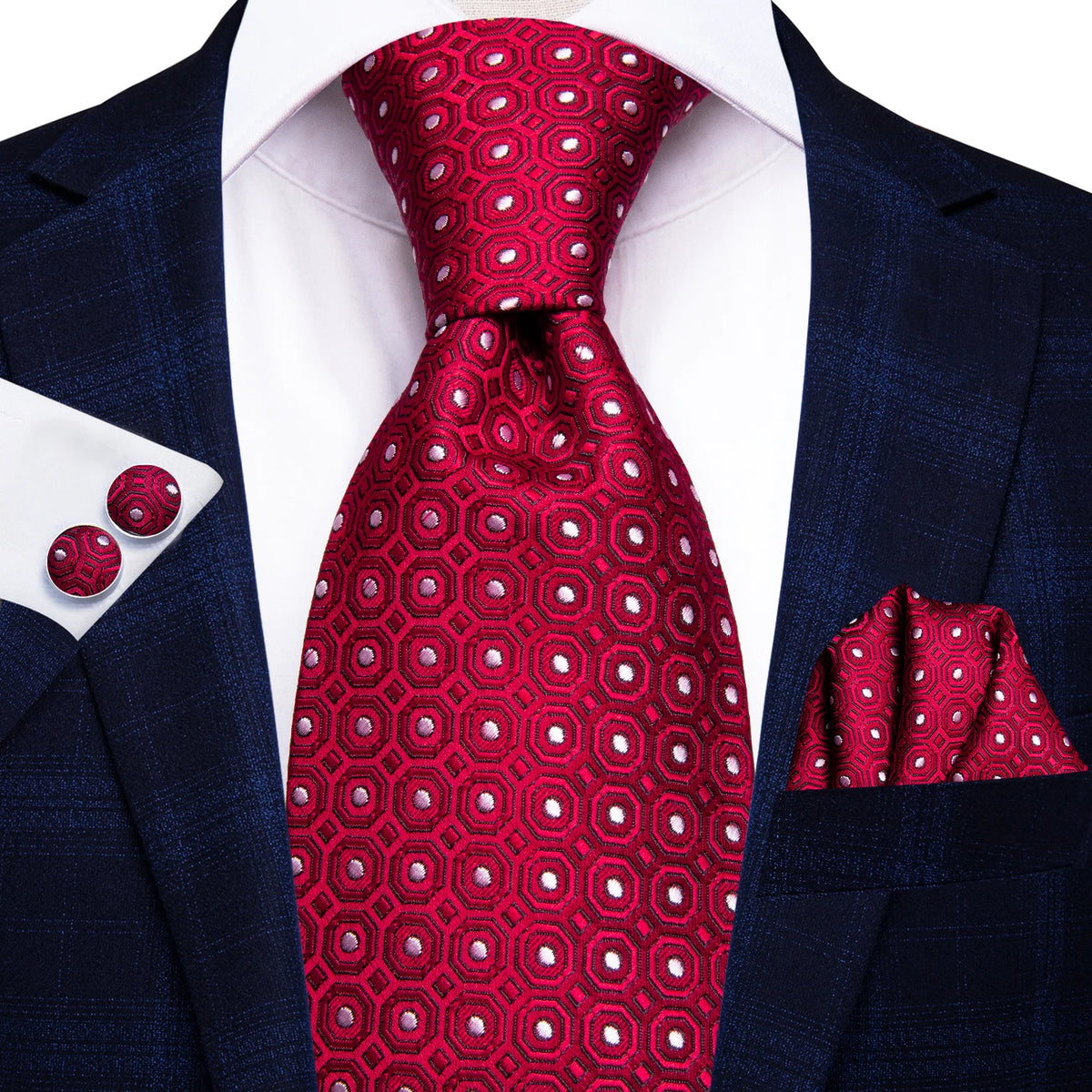 Red Striped Paisley Solid Hanky Cufflink  Tie For Men