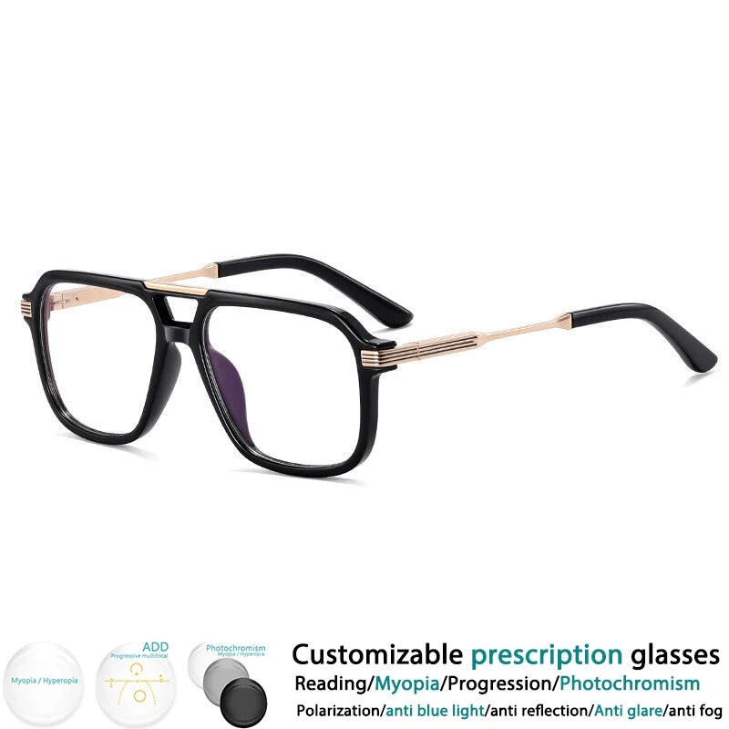 Black Gold Resin Square Spring Hinge Anti Blue Light Eyeglass