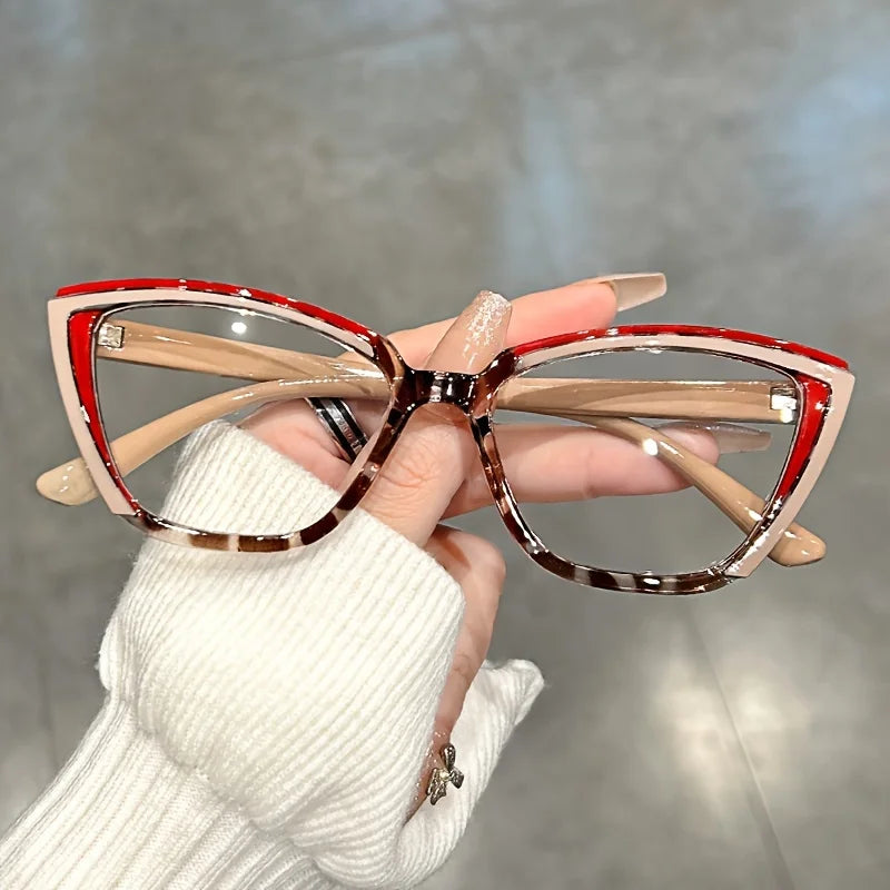 Retro Color Block Cat Eye Clear Lens Glasses red beige 