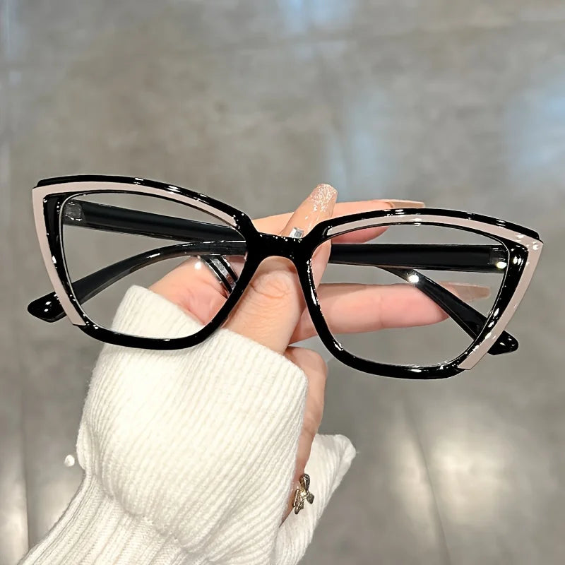 Retro Color Block Cat Eye Clear Lens Glasses black