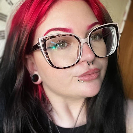 Model Using Retro Leopard Titanium Cat Eye Anti Blue Light Glasses