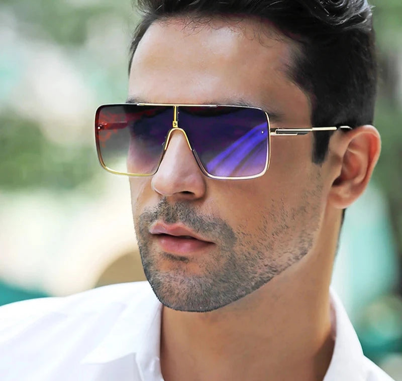 model using blue lens Retro Oversized Square Metal Frame Sunglasses