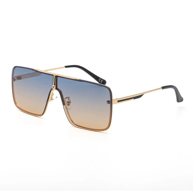 Retro Oversized Square Metal Frame Sunglasses blue gold lens
