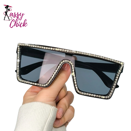 Retro Shiny Rhinestone Vintage Square Sunglasses Sassy Chick Logo
