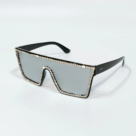 Silver Retro Shiny Rhinestone Vintage Square Sunglasses