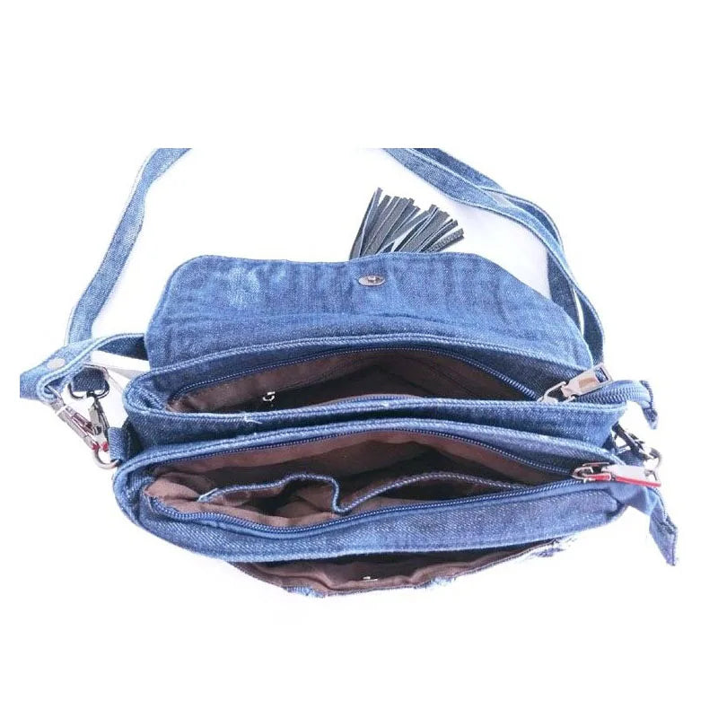 compartment blue denim handbag