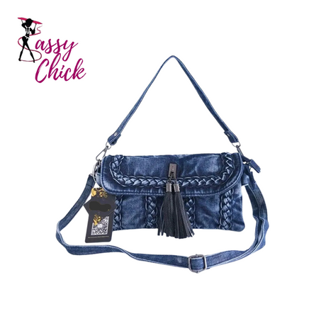 blue denim bag with sassy chick logo