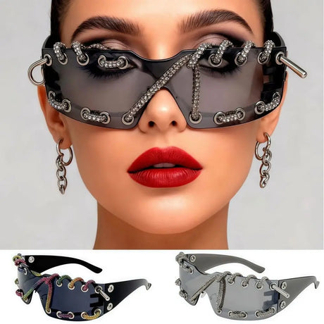 Model Using Rhinestone Chain Punk Retro Cool Trendy Sunglasses