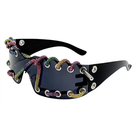 Black Rhinestone Chain Punk Retro Cool Trendy Sunglasses
